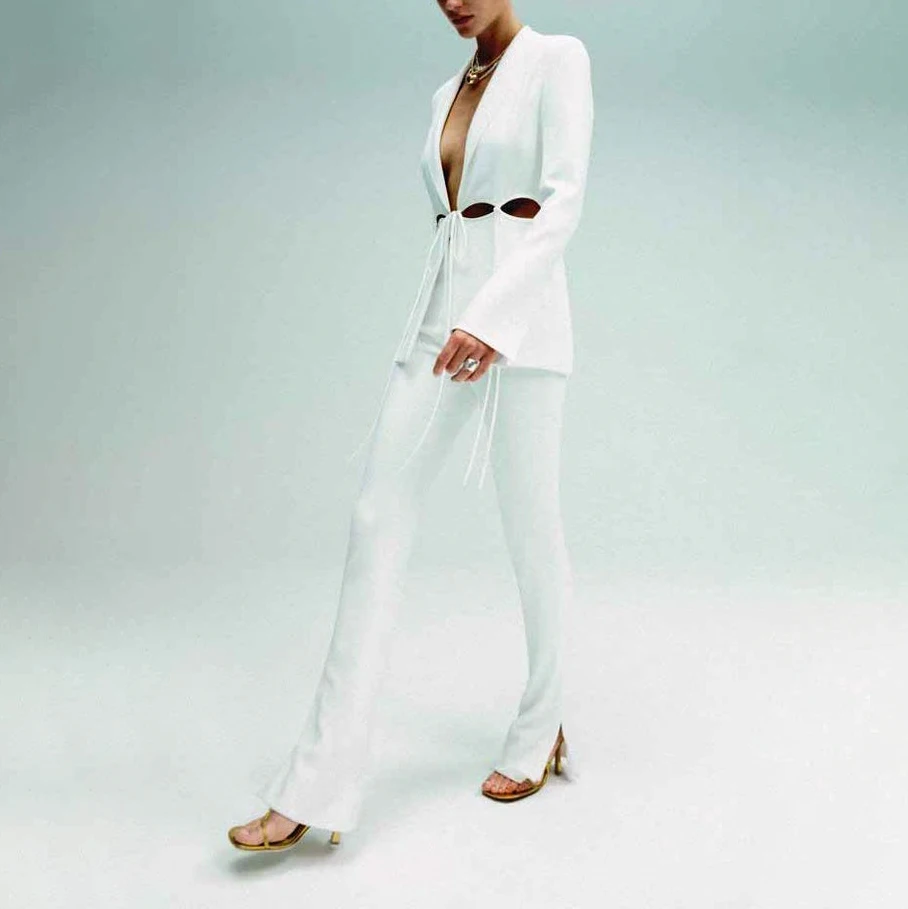 Open front long tie waist long sleeve wrap cropped cut out latest ladies woman blazer