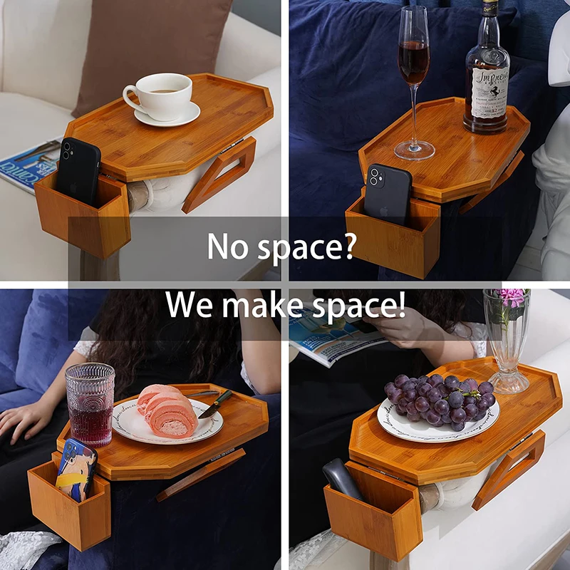 Large Clip-On Wooden Bamboo Couch Sofa Arm Table Armchair Armrest Tray With Remote Control Organizer for Food Drink Snack Coffee