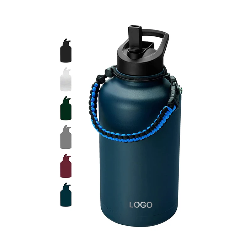 Costom Logo BPA Free Thermos 64 oz Straw Lid Half Gallon Jug Wide Mouth Stainless Steel Sports Gym Water Bottle