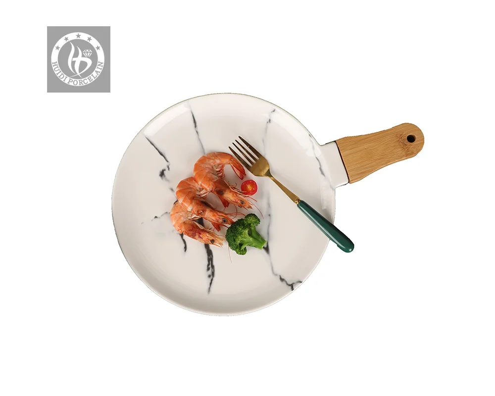 Hot selling white ceramic dinner plate set dishes wood handle marble plates for food