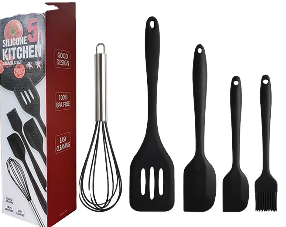 High Temperature Rectangle Red Black Silicone 5-pieces Set Utensils Kitchenware