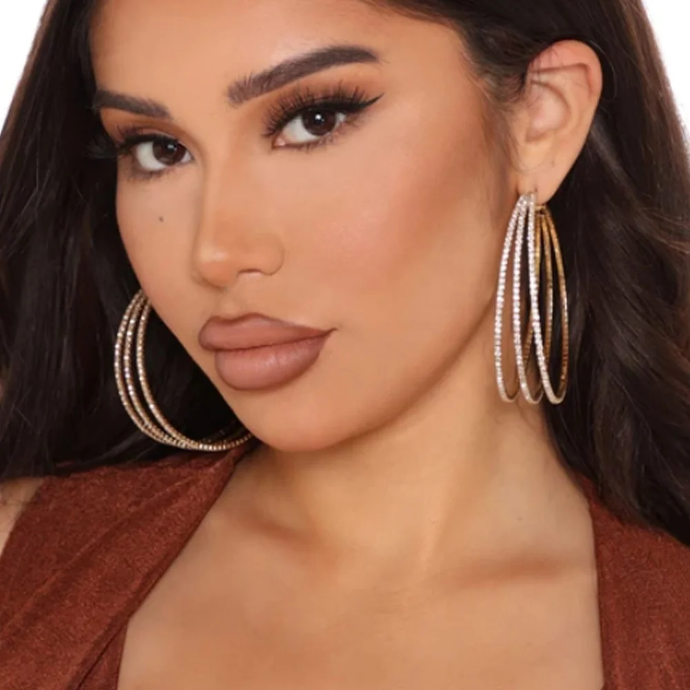 Party Gold Earings Luxury  Classic Jewelry Full Rhinestone Crystal  Big Hoop Earring Shiny Circle Round Hoop Earrings Women