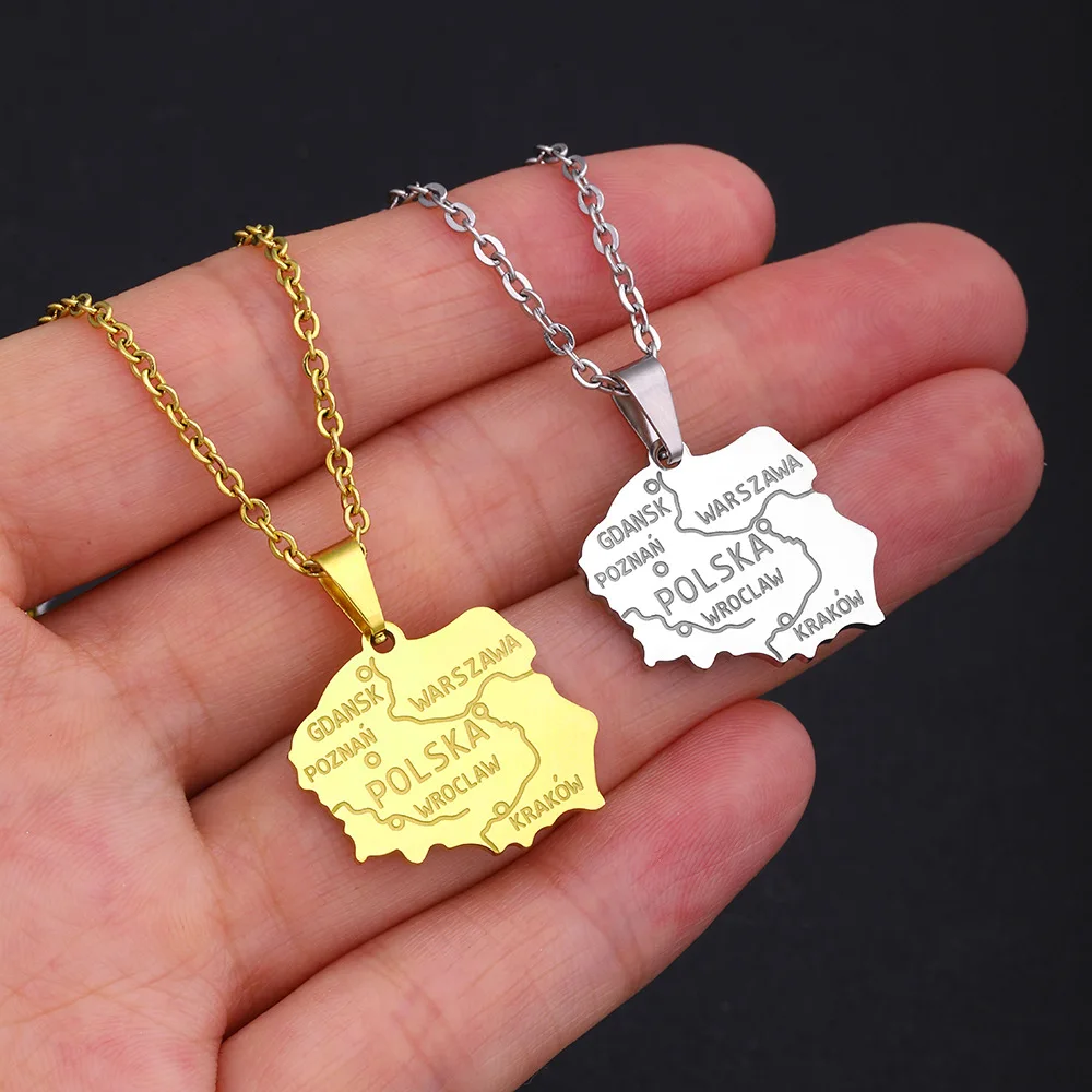High Quality Non Tarnish Silver 18K Gold Plated 316L Stainless Steel Poland Map Pendant Necklace Jewelry For Women