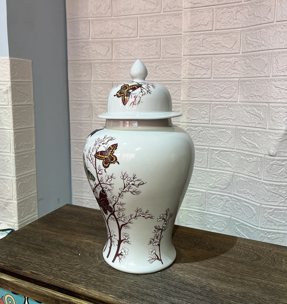 Chinese Jingdezhen traditional style white ceramic ginger jar with Butterfly and flowers patterns with Exquisite lids