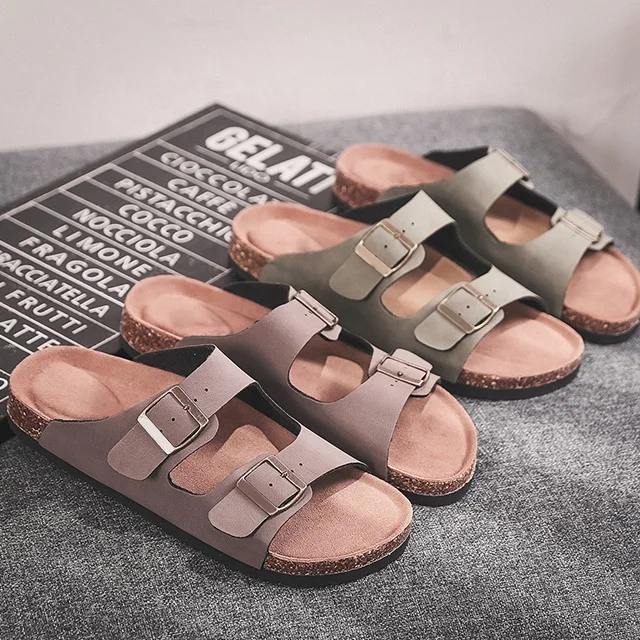 Fashion Designer Custom Logo Beach Walk Women Cork Sole Leather Slippers