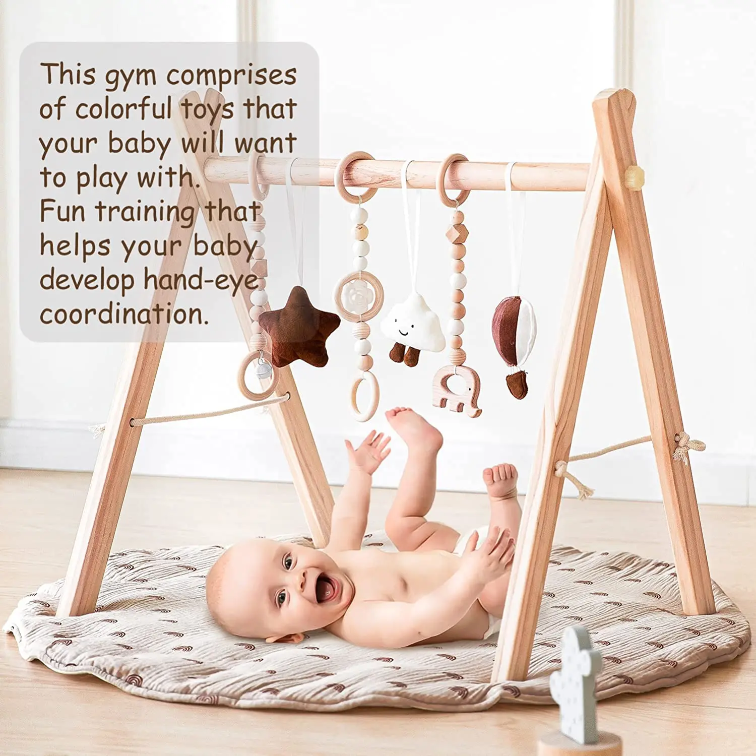 Wooden Baby Play Gym with Mat Foldable Baby Play Mat Frame Activity Gym Hanging Bar Baby Toys Rainbow Play mats