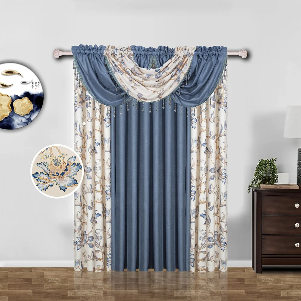 Premium blue printed thermal blackout home curtains match soild linen sheer curtains set for living room