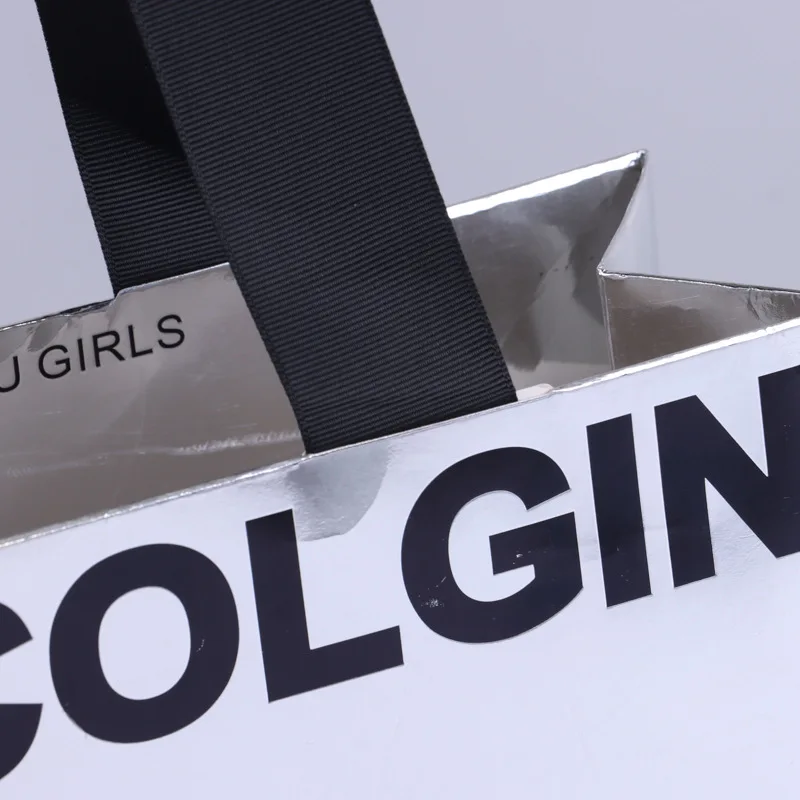 Customized Fashion Mirror Silver Handle Paper Bag Advertising White Cardboard Shopping Gift Paper Tote Bag