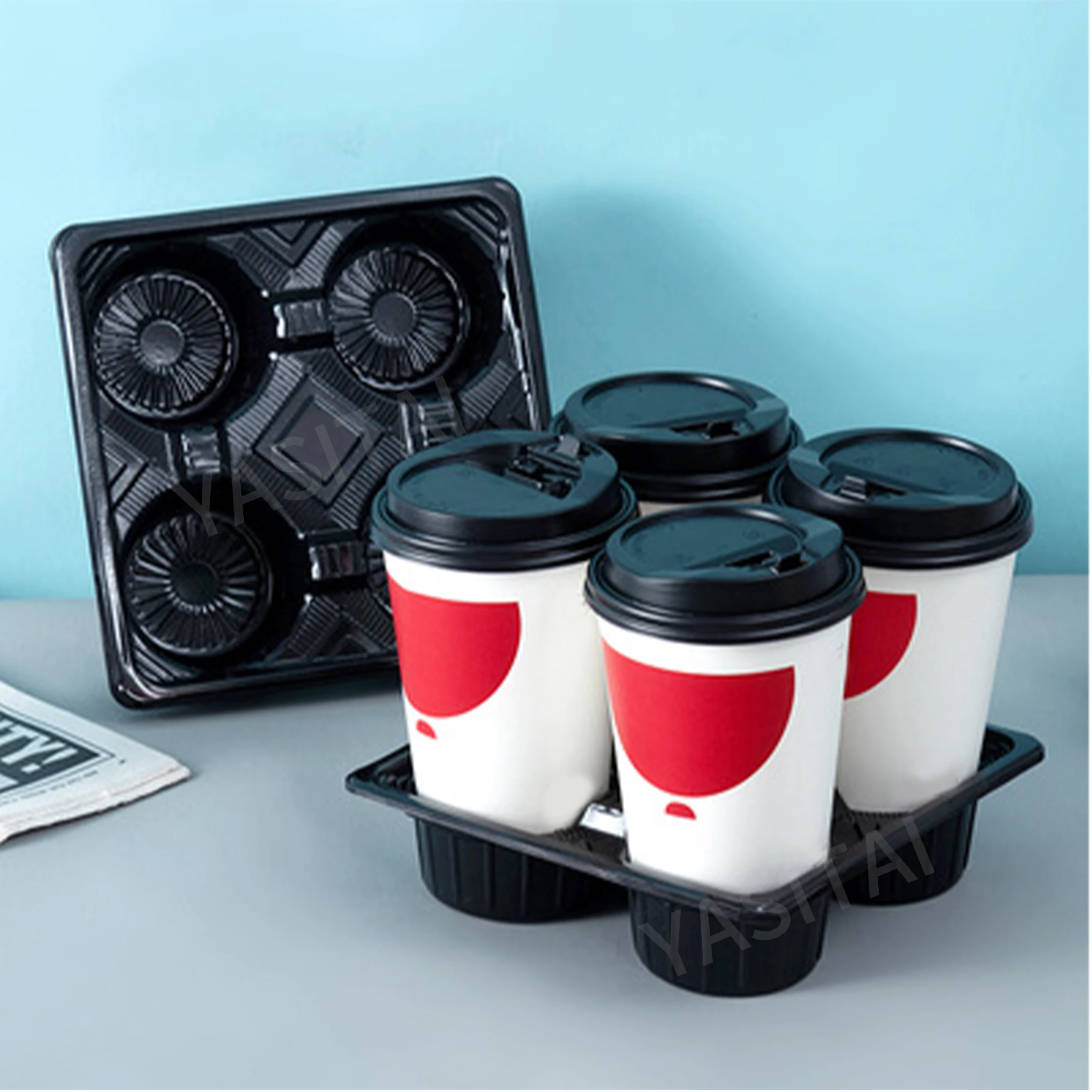 4 Cup Plastic Cup Holder With Handle Blister Packaging Hand Basket For Milk Tea Drink Cups Takeaway