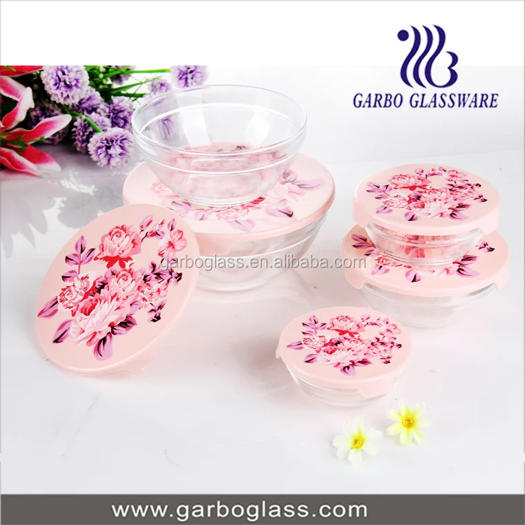 Popular Cheap Price 5pcs Glass Bowl Set 5 Sizes Glass Salad Bowl with Customized Printed Lid Kitchen Food Serving Glass Bowl