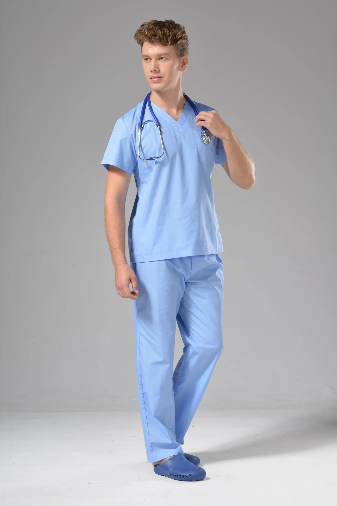 FUJU Medical Scrubs Unisex V Neck Nurse Uniform Anno Medical Scrub Uniform Cyan OEM Spandex HEN Time Lead Fabric Doctor Support