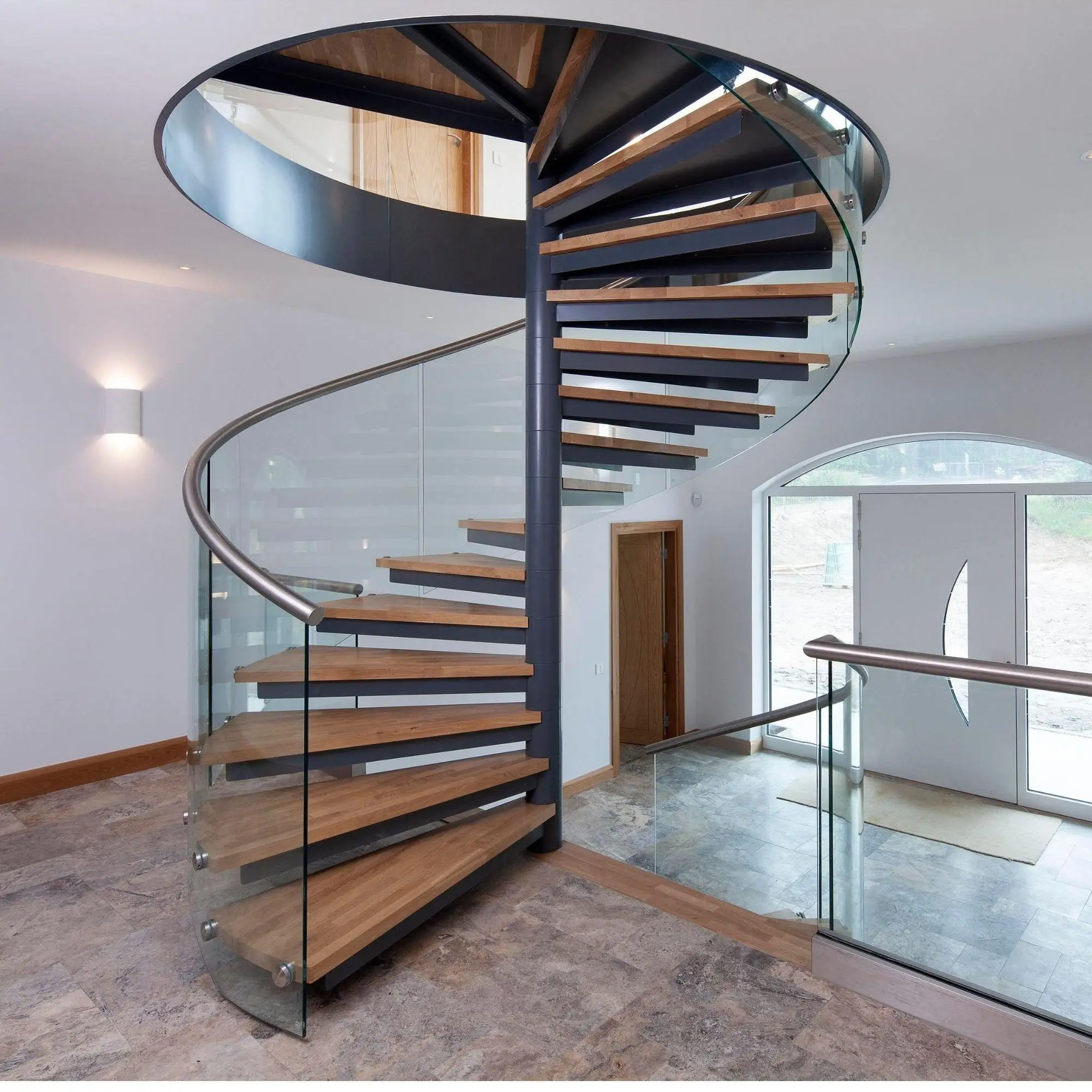 Elegant Style Stainless Steel Stringer Curved Staircase Spiral Stairs Oak Stair Tread Customized Spiral Indoor Stair