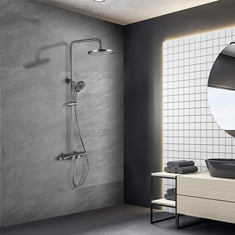 High Quality Smart Thermostatic Rain Bath Shower Set Rainfall Bathroom Shower Set Bathroom With White Glass Shelf