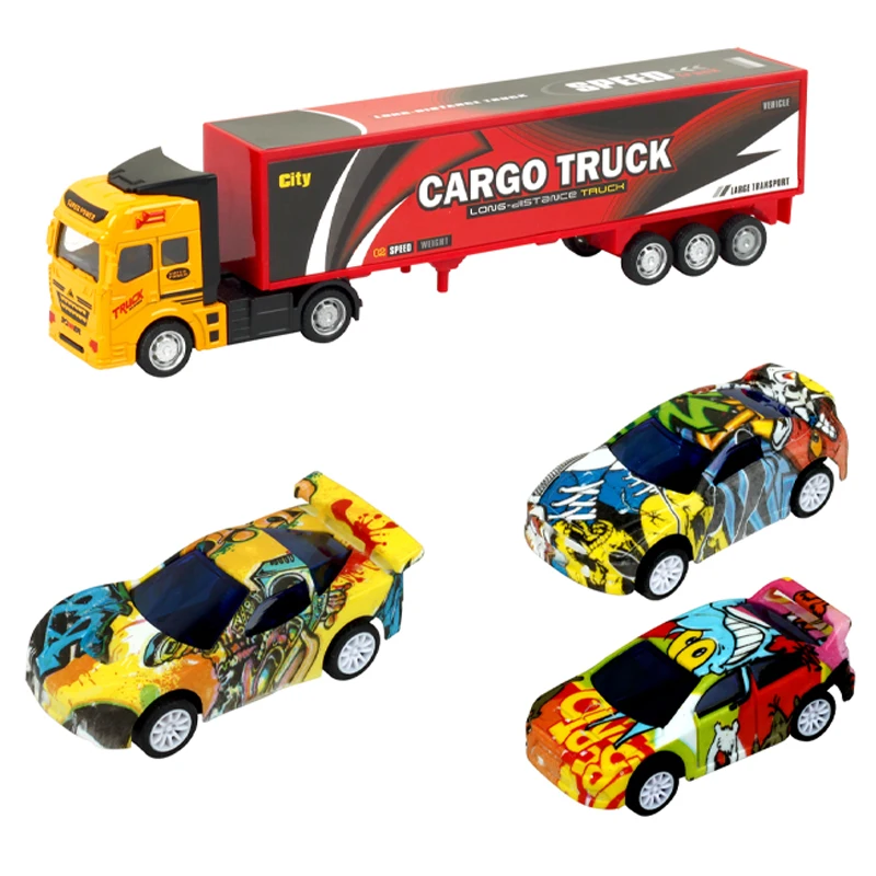 QS New Design Alloy Truck Model Toys Vehicle Children Gift Metal Pull Back Die Cast Container Truck Toys With 3PCS Racing Car