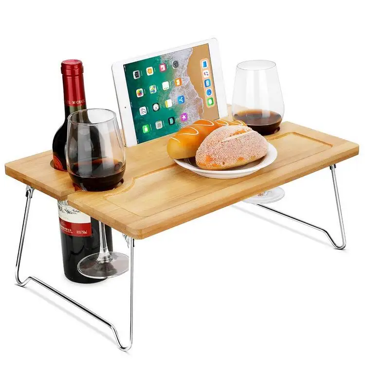 Portable folding legs bamboo breakfast bed table snack tray with wine bottle glass holder for outdoor picnic beach park
