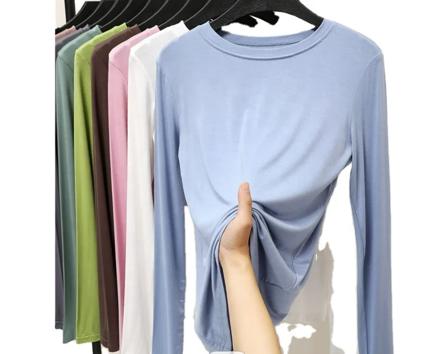 Женская Нижняя рубашка на весну и осень с модальной маской с круглым вырезом и длинными рукавами Корейская версия дикого черного цвета