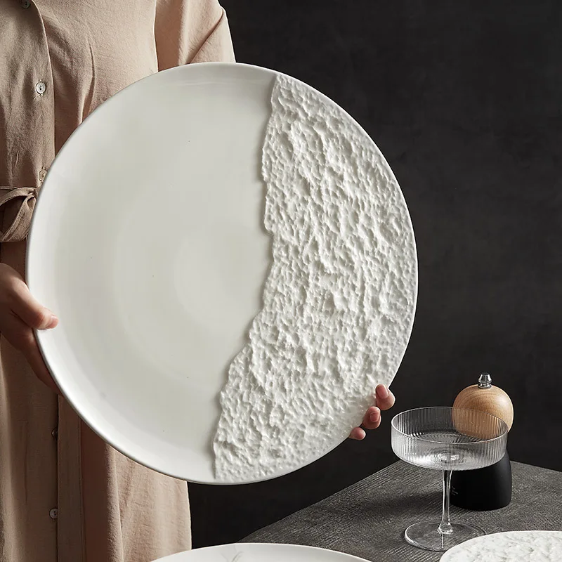 Novelty Rock Stone Ceramic Serving Platter Round White Porcelain Irregular Dinner Plate Steak Pasta Dishes Plates for Restaurant