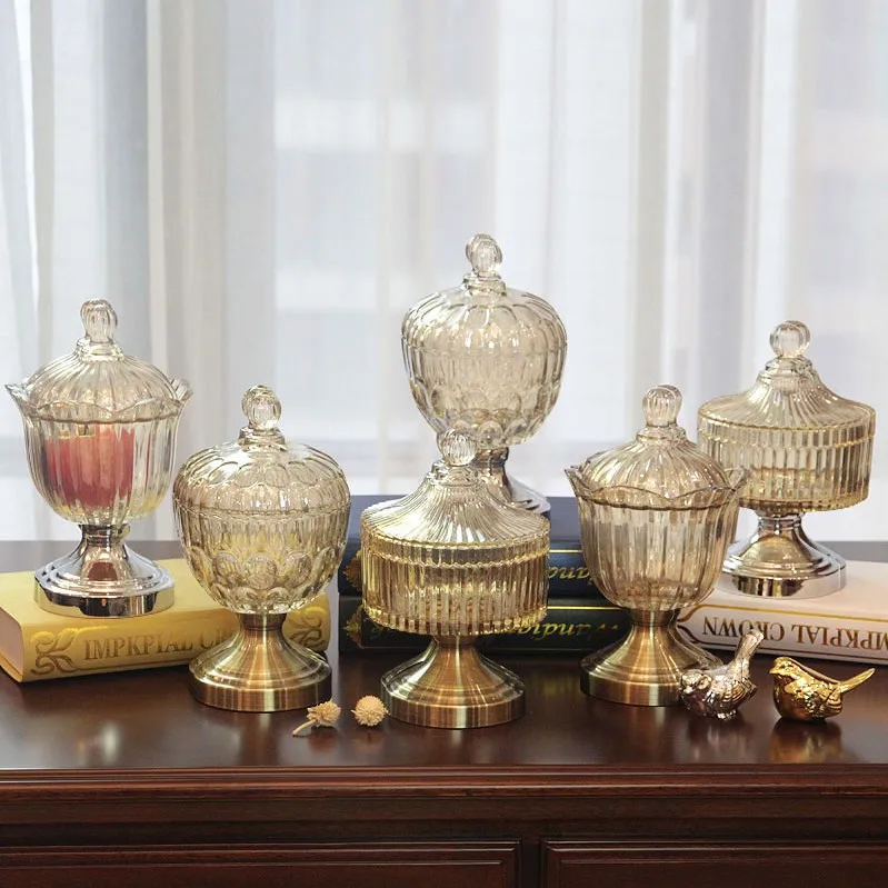 Glass Apothecary Jar With Lids  Wedding Candy Buffet Containers Golden metal stand glass candy jar