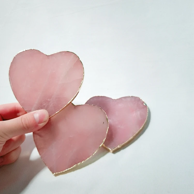 HY Rose Quartz Coaster Gold Electro Plating Square Stone Coaster 3' Drink Ware Wine Glass Pad semi-precious stone crafts
