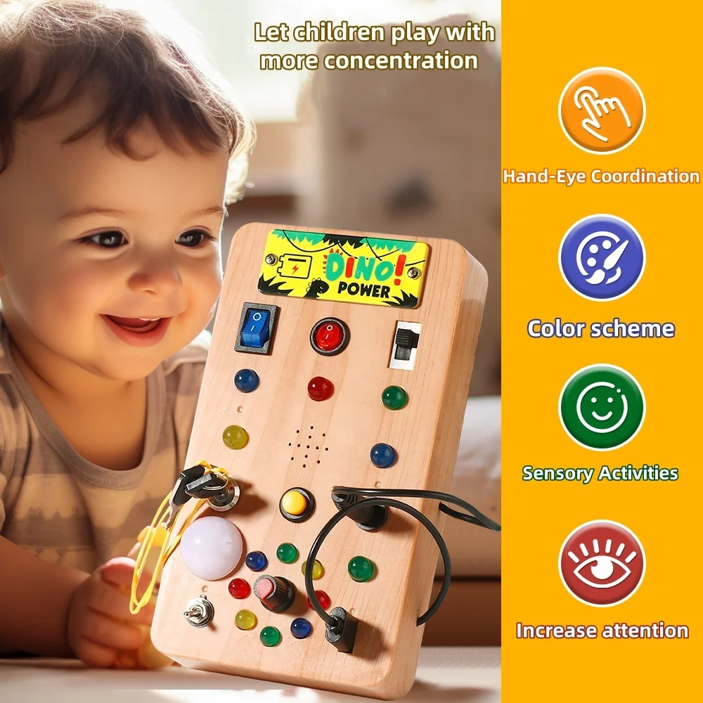 Kaili early educational circuit busy board sensory toy montessori diy dino sticker electronic switch busy board with led light