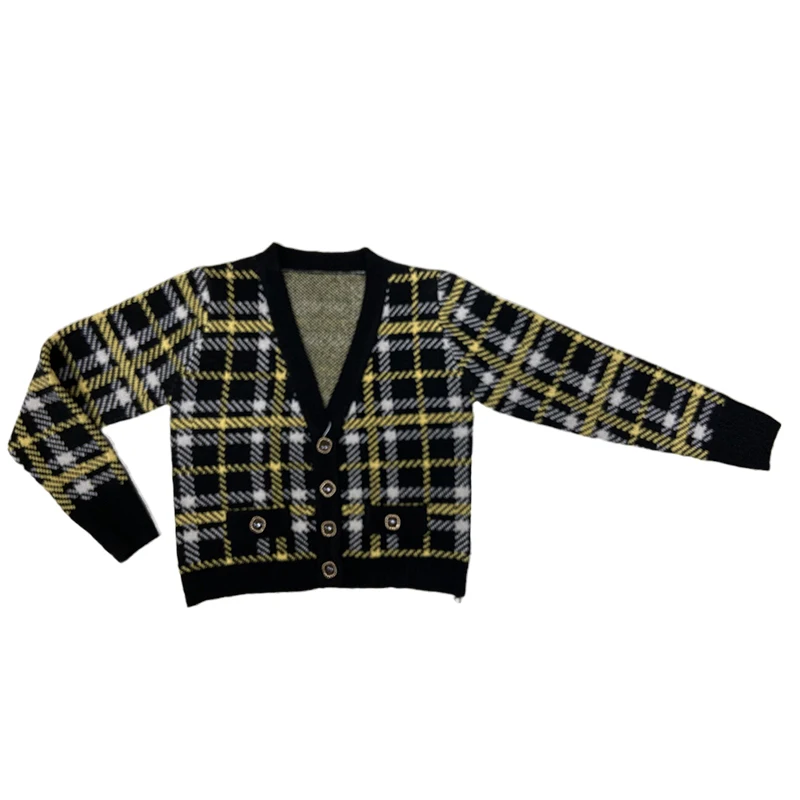 Jacquard Plaid Sweaters Women Fashion Clothes Styles High Quality V Neck OEM Knitted Sweater Cardigan Jacket For Woman