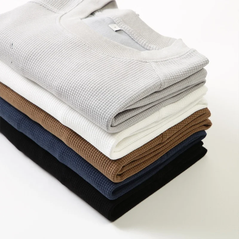 Thermal Waffle Knit T Shirts Custom Mens Long Sleeve Cotton Waffle Soft Blank Solid Men Slim Fitted T-Shirt