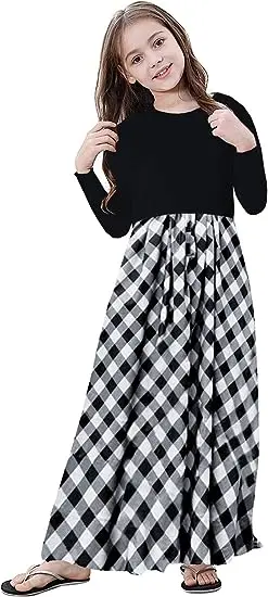 Girl Maxi Dress Kids Casual Buffalo Check Plaid Long Sleeve Dress With Pocket