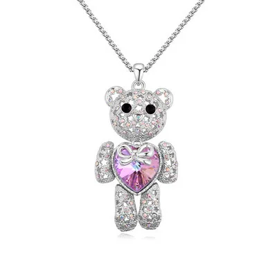Lovers Jewelry Plated Dainty Long Sweater Chain Necklace Women Crystal Love Heart Teddy Bear Pendant Necklace for Her Gold Pearl