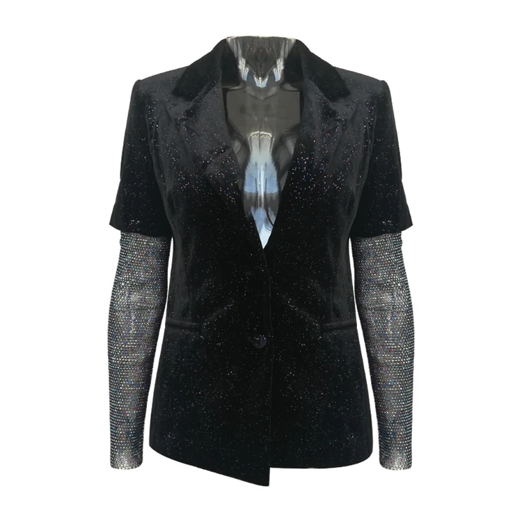 
elegant latest design pearl sequined velour long sleeve black women blazer 