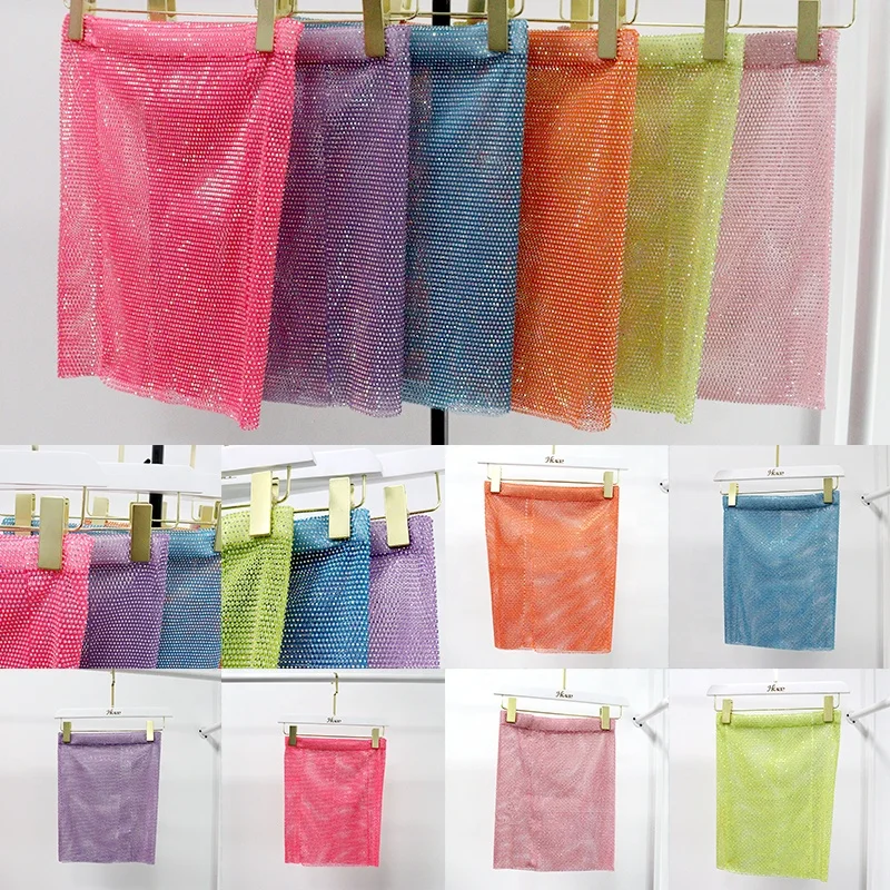 D04 Feather Rhinestone Mesh Mini Skirt  Women Outfits Hollow Out Crystal Sexy Party Dresses