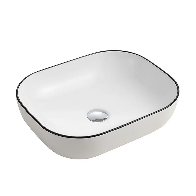 Bathroom Sink Modern Hotel Vessel Sink Rectangular Lavabo White Countertop Ceramic Wash Basin With Black Rim