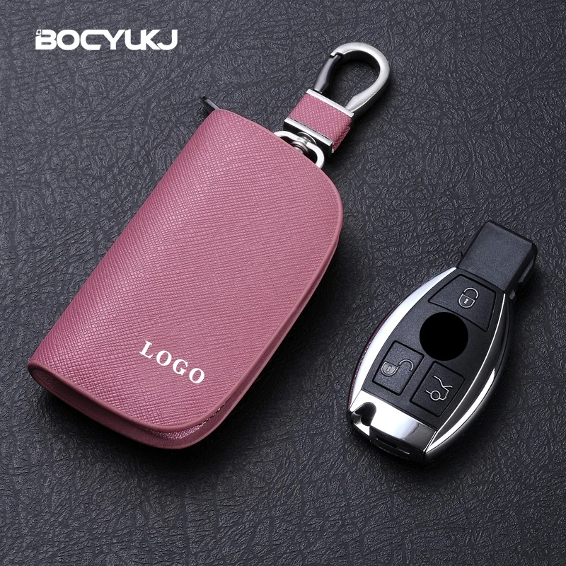 Leather Car Key Case Universal Keychain For BMW Mercedes Audi VW Land Rover JEEP Fiat MG Key Cover Protector Accessories