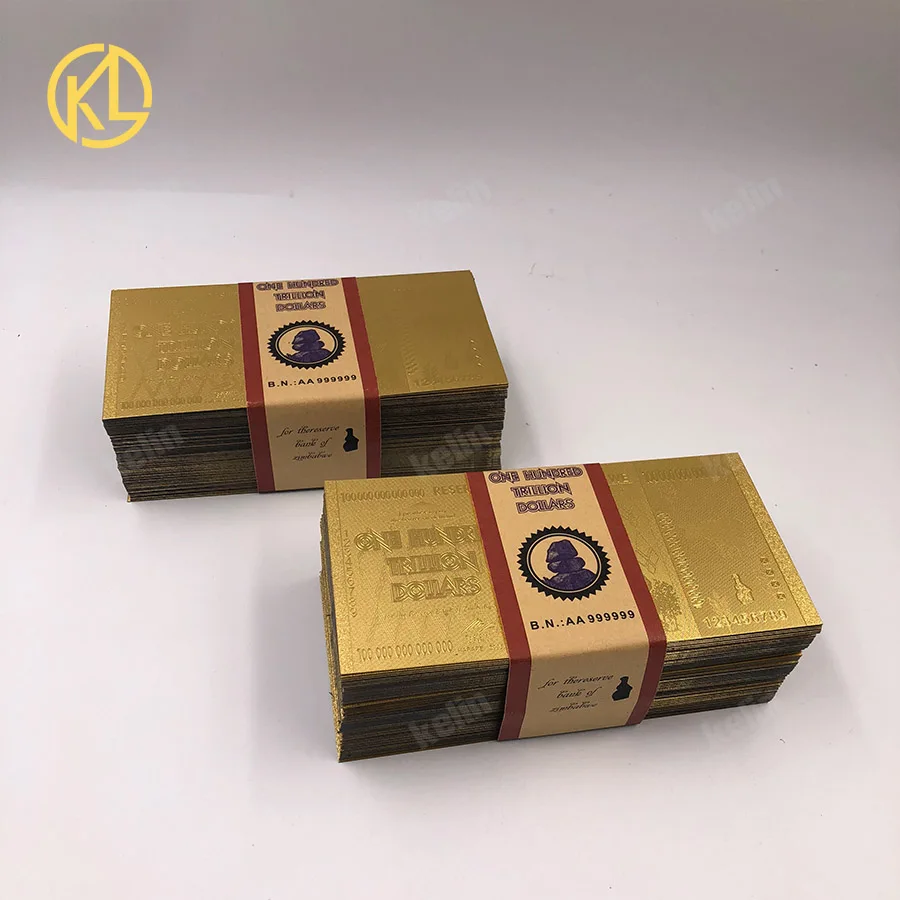 1000pcs 24K Gold Plated Banknotes 100 Trillion Dollar Zimbabwe Banknote Buffalo Bill in Plastic Material with COA