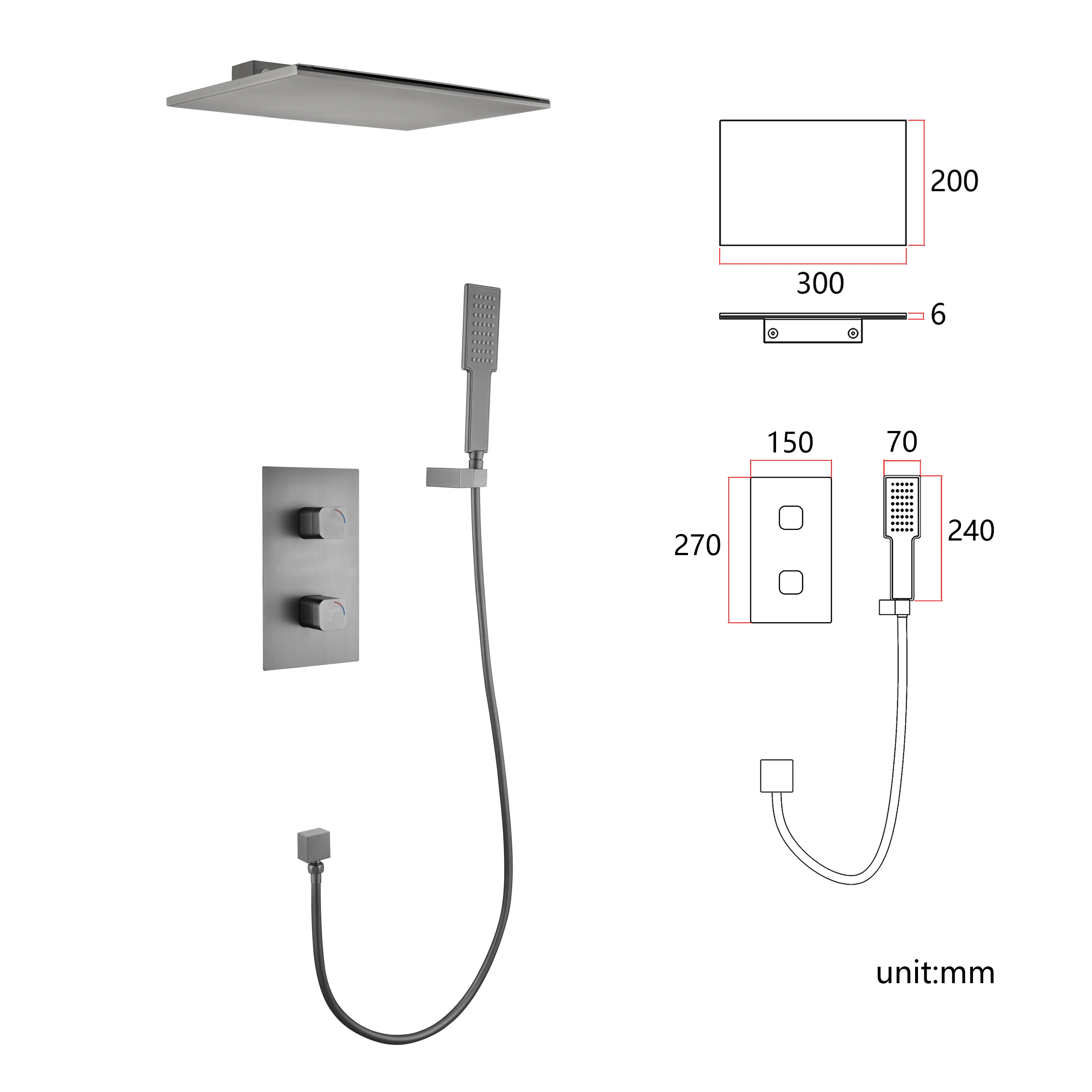 Silver Concealed Wall-Mounted Shower Set, Full Copper Material, Waterfall Flow, Hot and Cold Switch