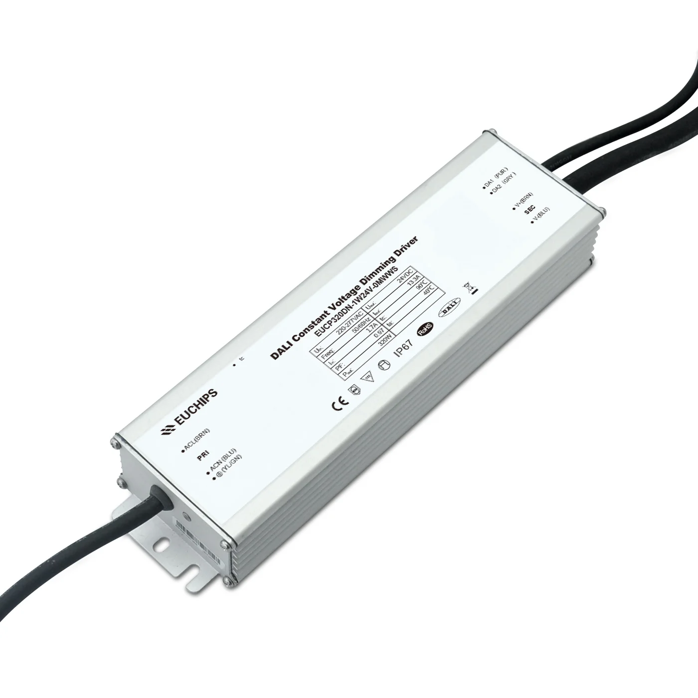 EUCHIPS High Power 320W 24V DC Dimmable LED Driver IP67 Waterproof with Wide Voltage Range 100-277V AC DALI Driver