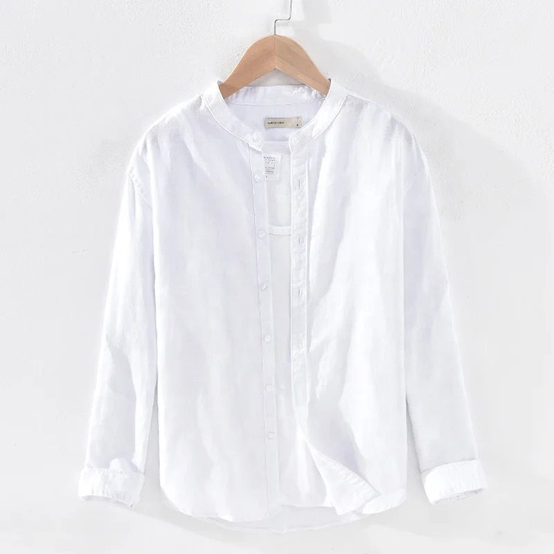 Factory wholesale men high quality linen cotton stand collar casual shirt long sleeve