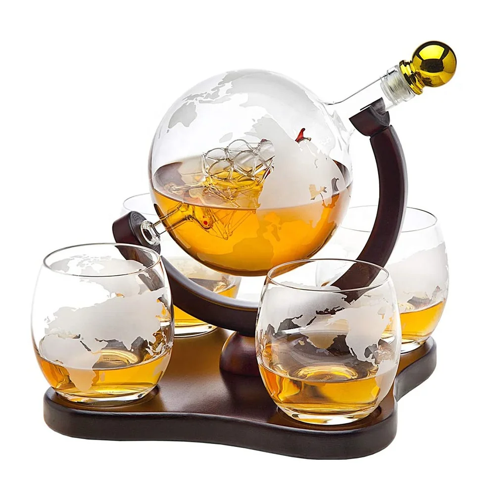 globe printing fancy vodka glass whiskey decanter set with 4 glass cups