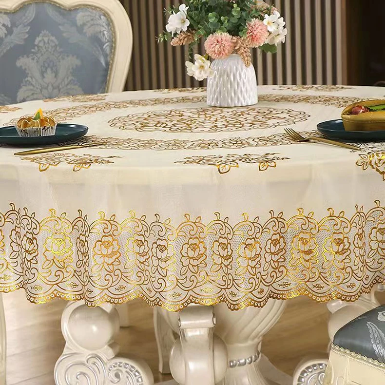 2023 white round pvc material plastic gold lace tablecloth