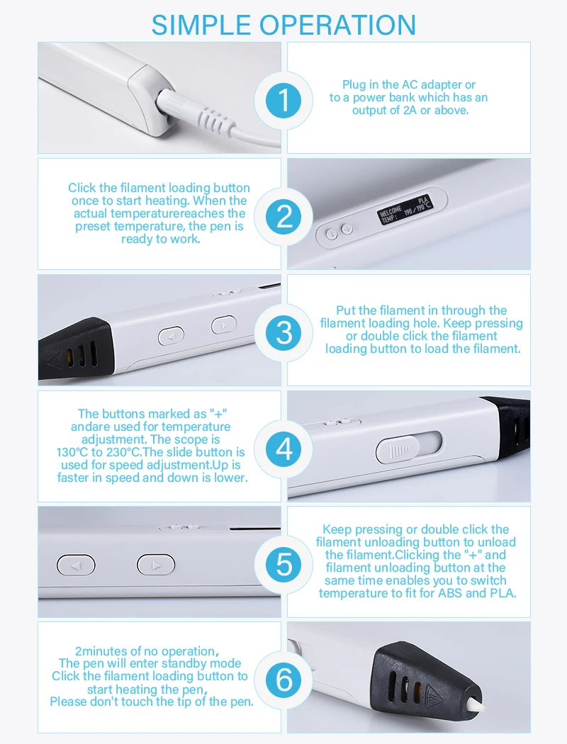 Children Christmas Birthday Gifts 10W RP800A 3d pen printer filament With ABS/PLA Filament 3d pen set