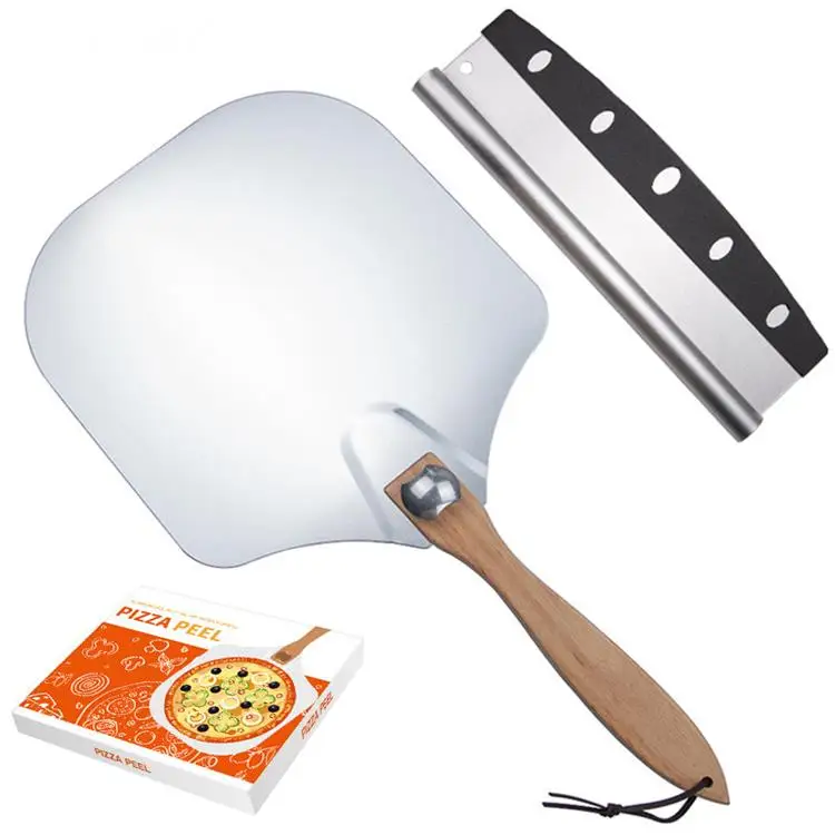 Stainless Steel Rocker Cutter And Aluminum Foldable Wooden Handle Pie Paddle Pizza Peel Tools Set