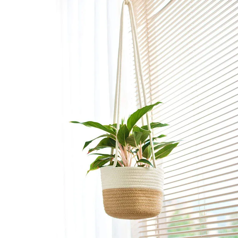 Basket HangingIndoor Rattan Durable Flower Pot Hanging With Rope Plant Cotton Rope Basket
