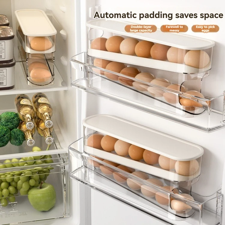 Automatic Rolling Container Drawer 2-Tier Plastic Egg Holder for Fridge Storage Egg Box for Refrigerator Use