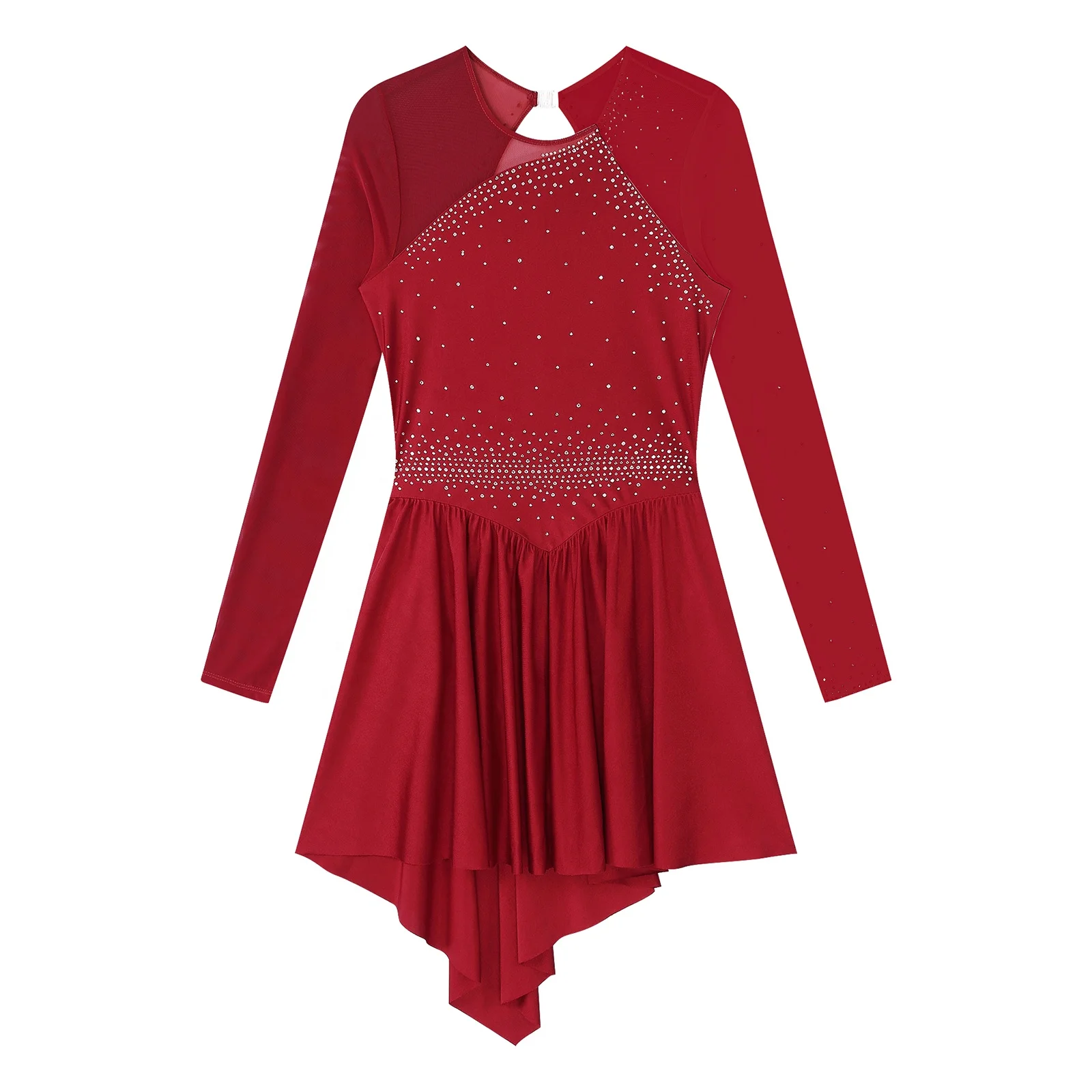 Womens Rhinestones Dance Dress Cutout Back Contrast Color Sheer Mesh Long Sleeve Ice Figure Skating Dress