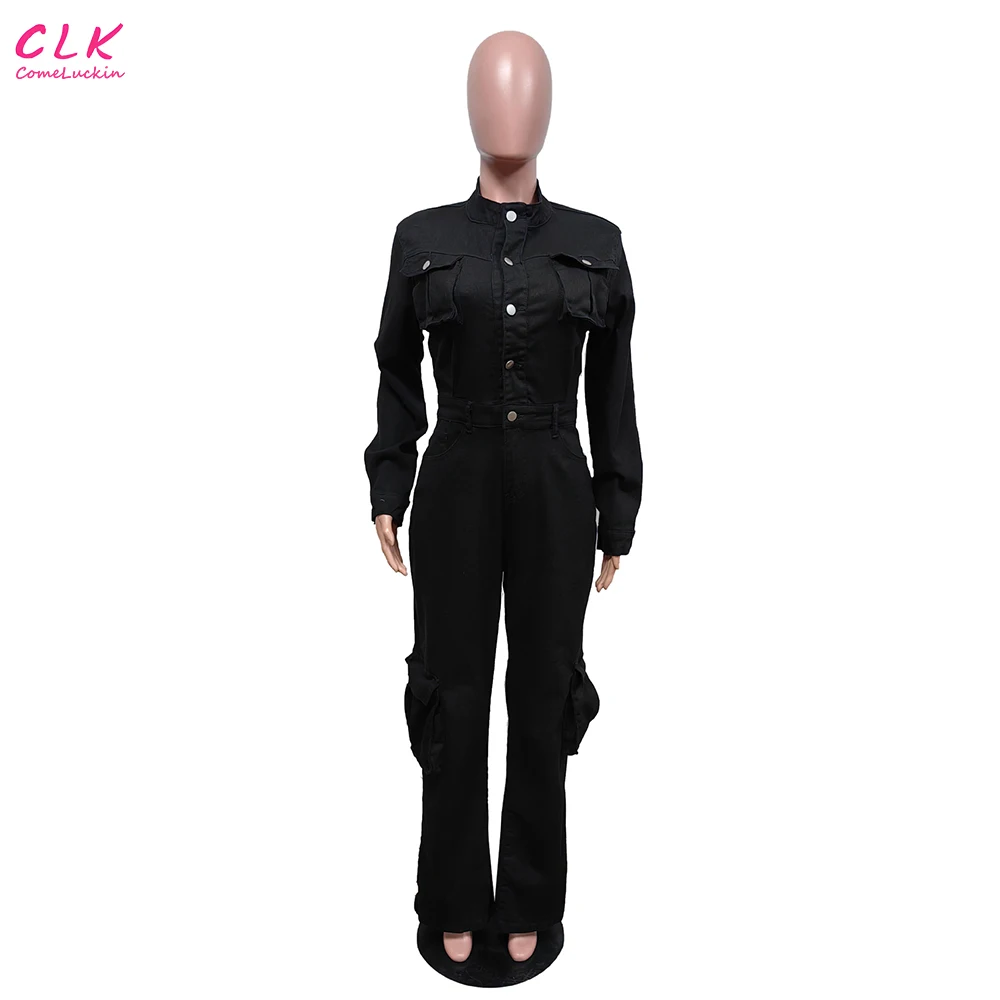Custom Logo New Women Denim Pocket Front Turn-down Collar Long Sleeve Wide Leg Jean Jumpsuit Fashion One Piece Suit
