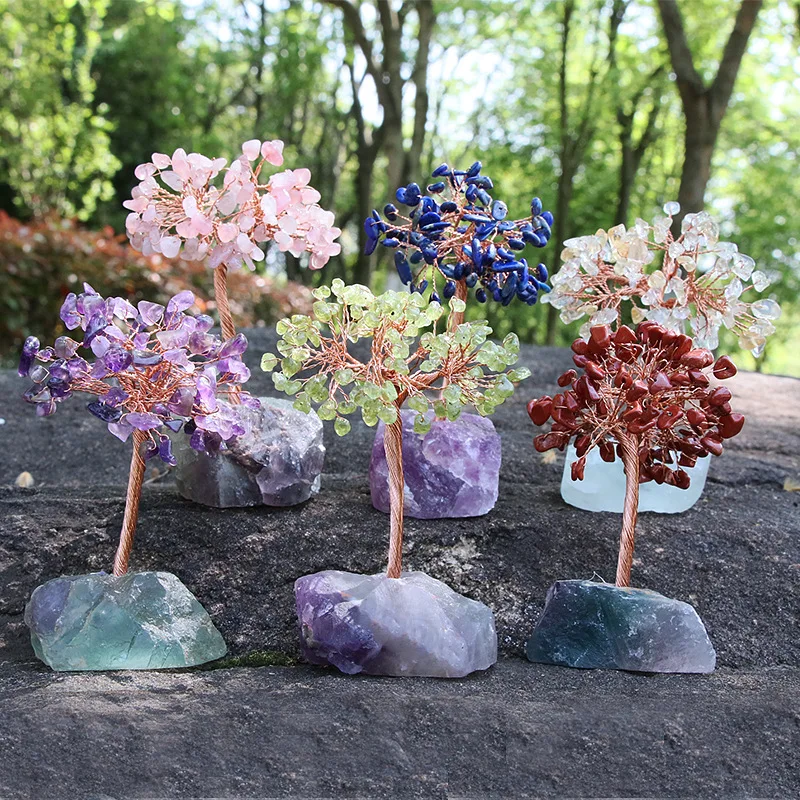 12CM Height Natural Crystal Prehnite Money Tree Raw Crystals Base Gem Bonsai Money Tree for Home Office Table Decor Wealth Luck