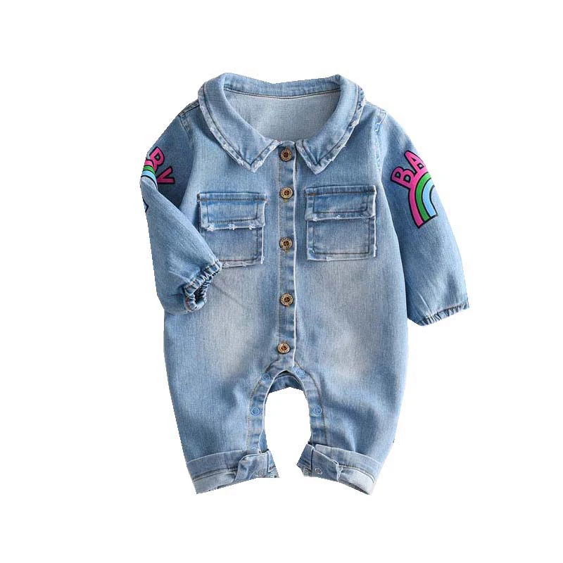 
Manufacturers provide fashionable new blue denim rainbow giraffe pattern long-sleeved baby jumpsuit 