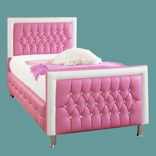 Customized  headboards luxury single size pink color  diamond girl bedroom furniture  faux soft PU leather single double bed
