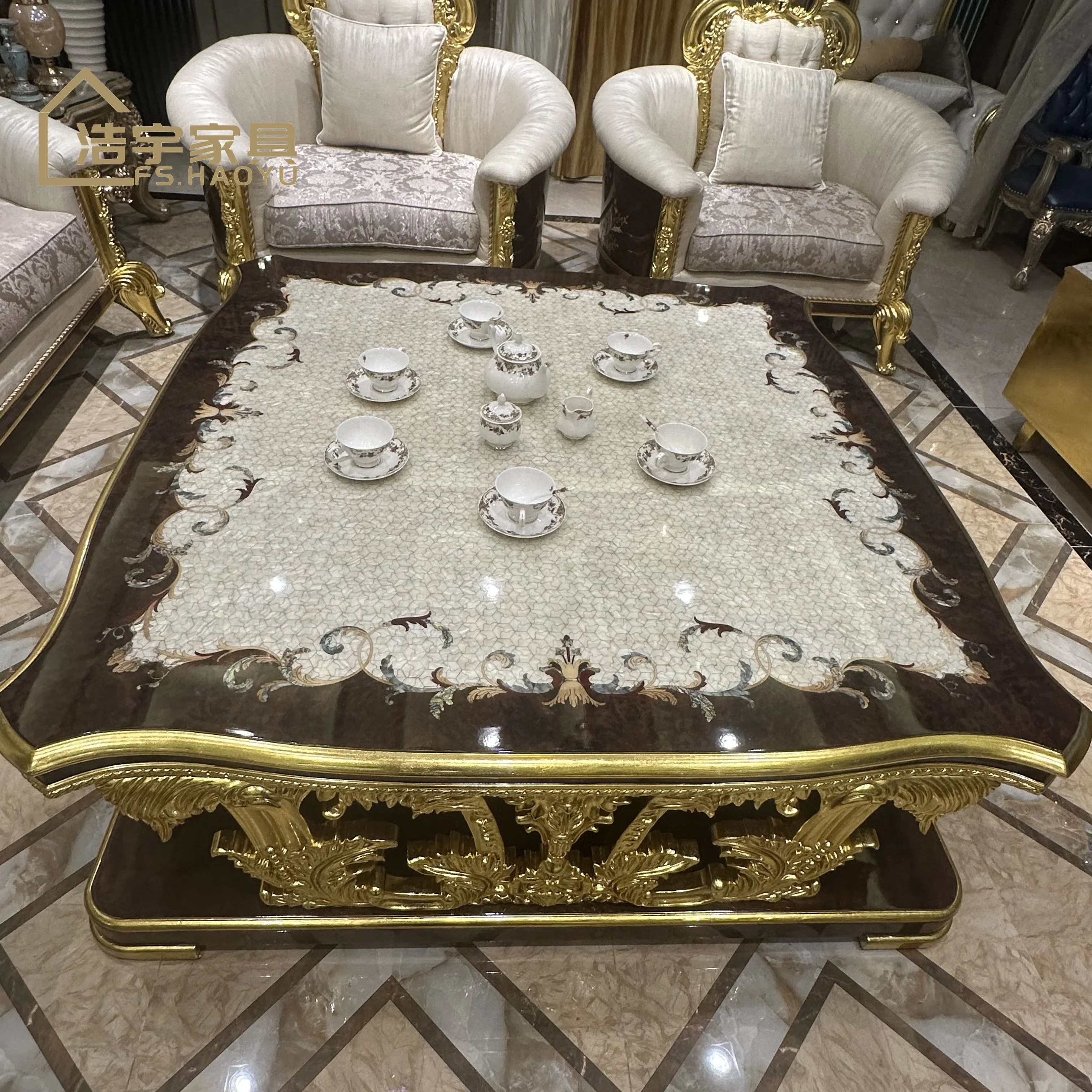 Custom pattern top center table royal luxury classic hand carving solid wood gold oak square coffee table sets living room