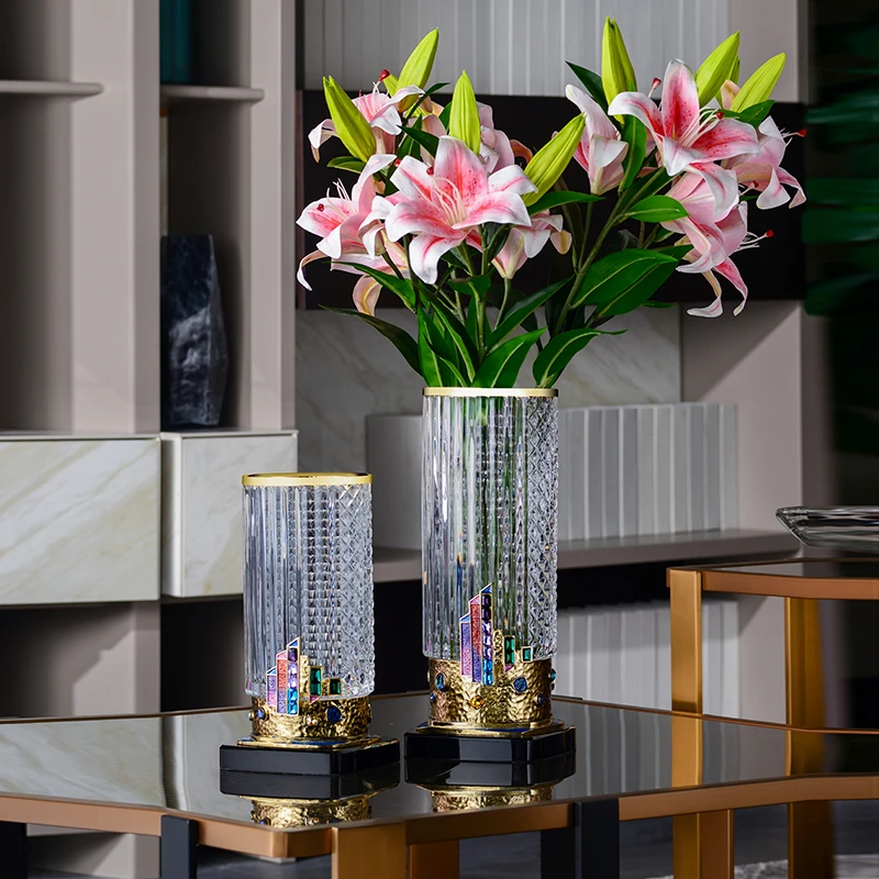 SANLOREN wholesale home decoration modern luxury creative decorative enamel Happy Time small glass crystal tabletop desk vase