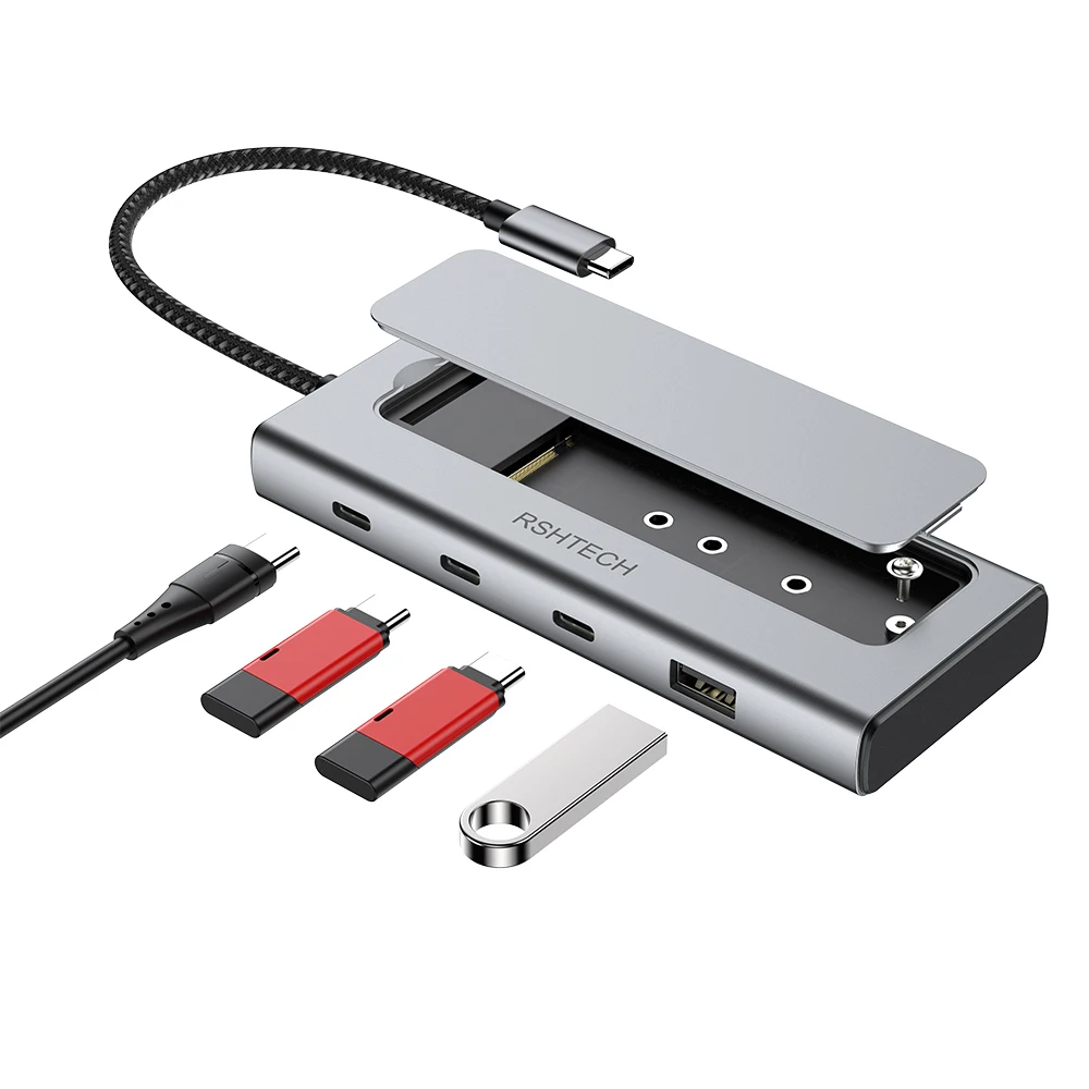 Custom USB C Hub with M.2 NVMe SSD Enclosure PD 100W USB 3.2 Gen 2 10Gbps High Speed 5 Ports USB-C Docking Station For Windows
